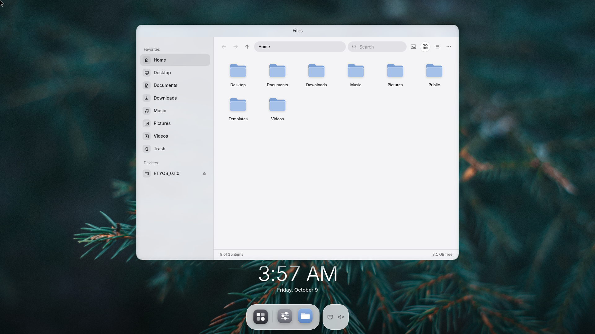 The etyOS desktop: a Files window over a blurred wallpaper, with the dock below