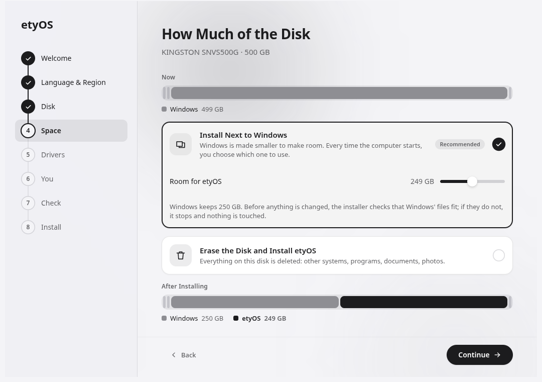 The etyOS installer: how much of the disk, next to Windows