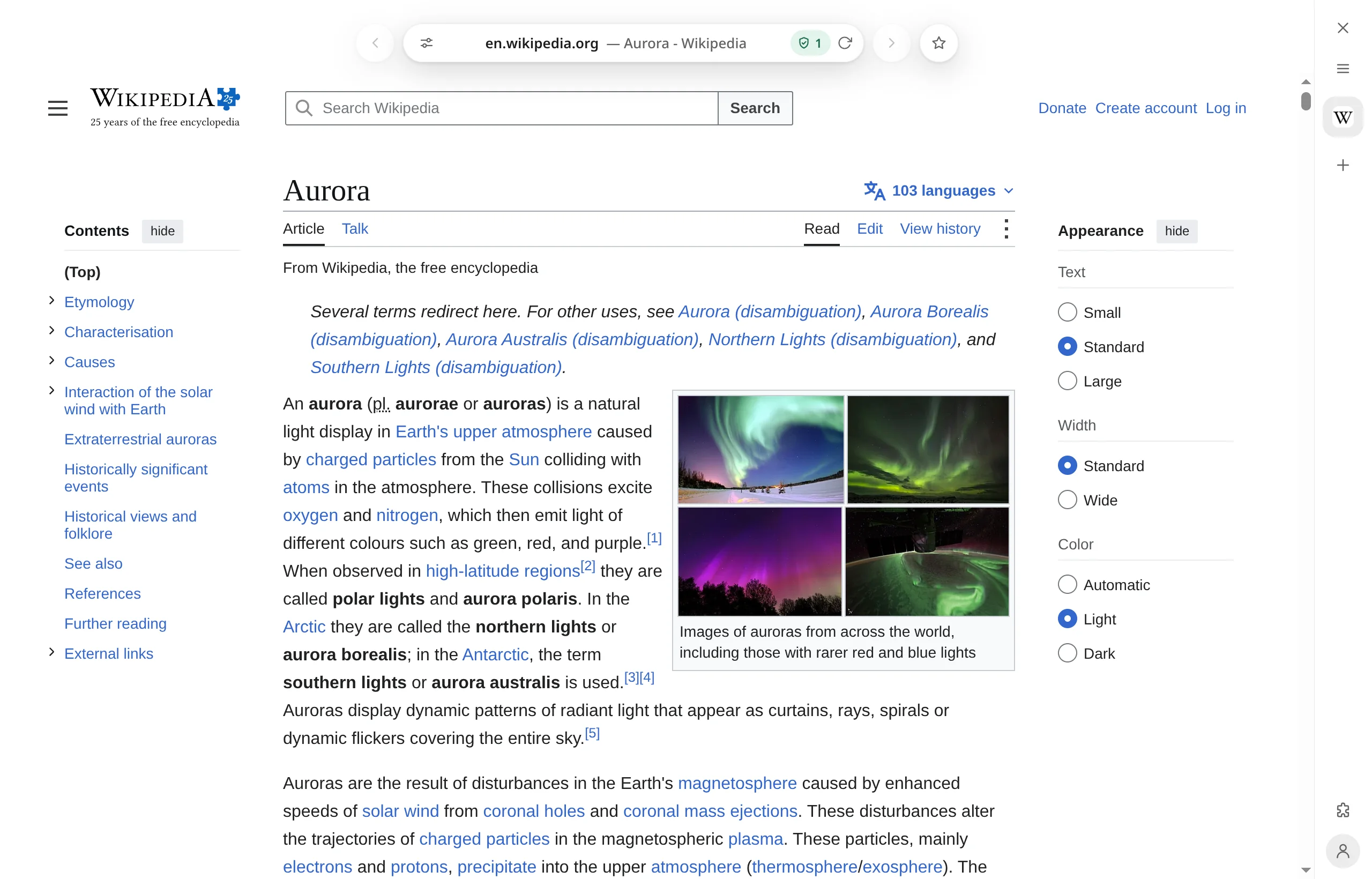A Wikipedia article in Netbird: the address floats in a white band above the page, tabs are a thin rail at the right