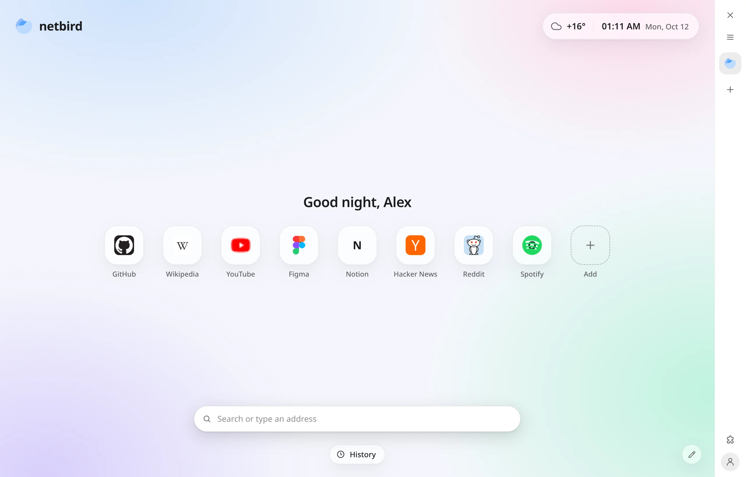 Netbird's new tab: a soft sky, a greeting, eight sites as tiles, the address at the bottom
