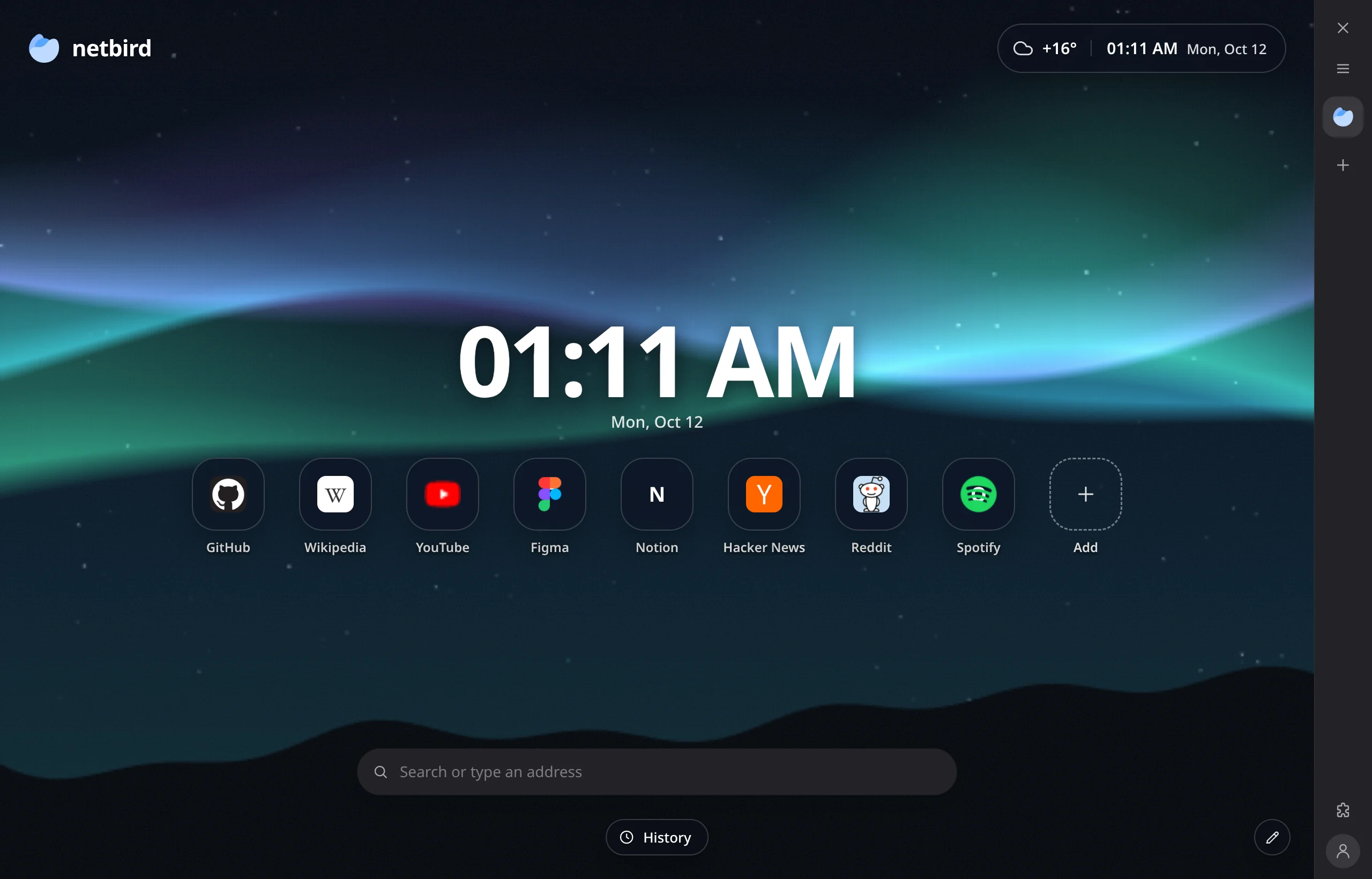 The new tab with the Northern lights background